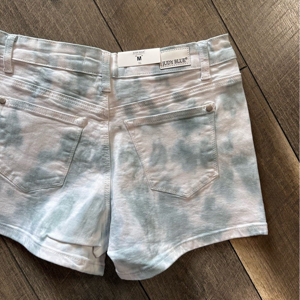Judy Blue Mid Rise Blue Tie Dye Denim Shorts