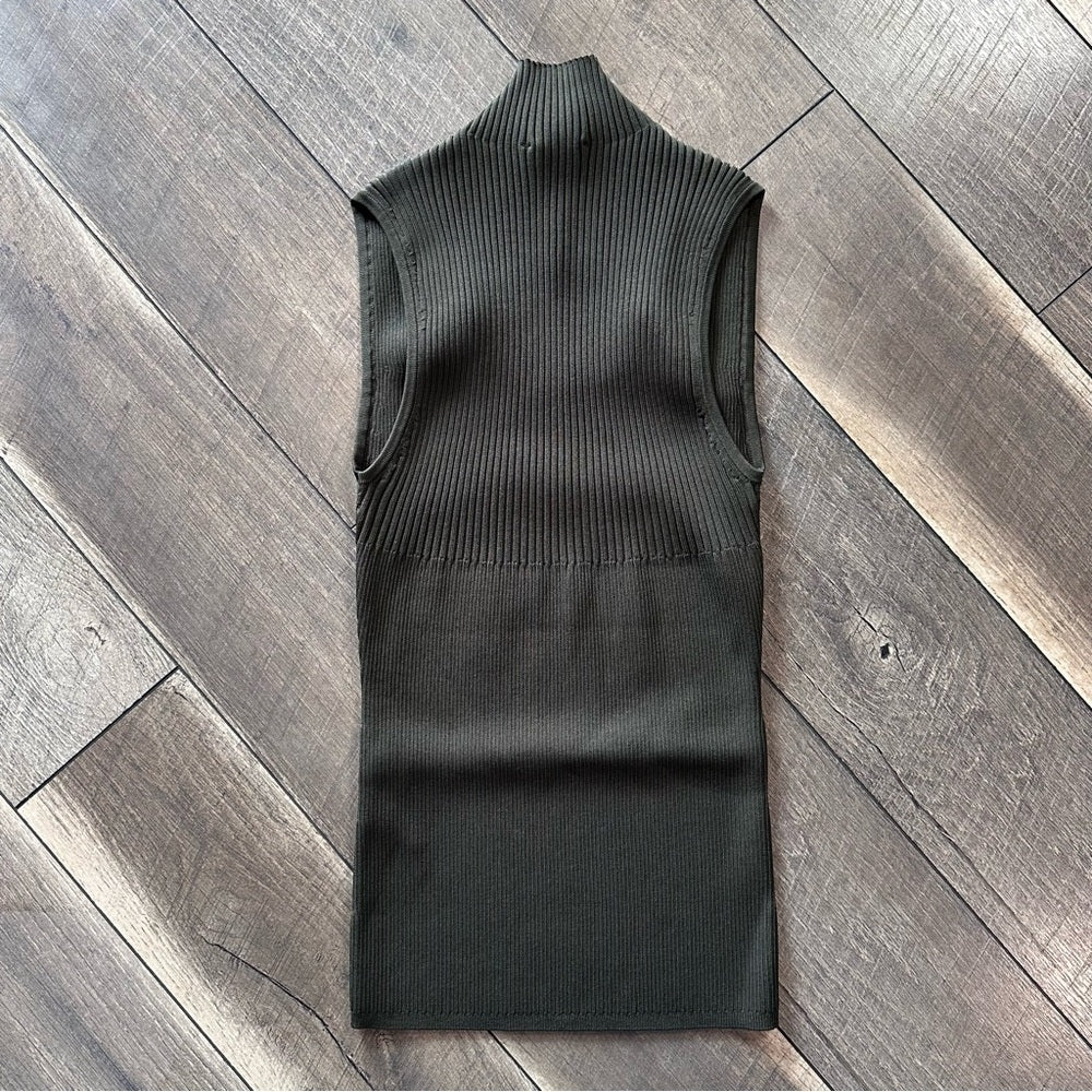 White House Black Market Olive Ribbed Keyhole High Neck Tank Top
