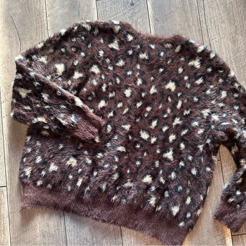 Zara Fuzzy Leopard Bow Button Sweater