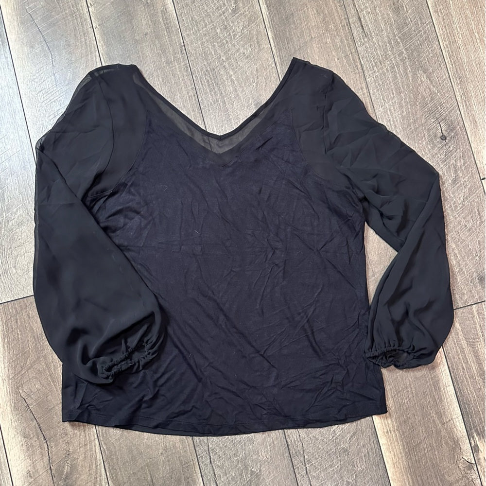 International Concepts Black Sheer V Neck Long Sleeve Top