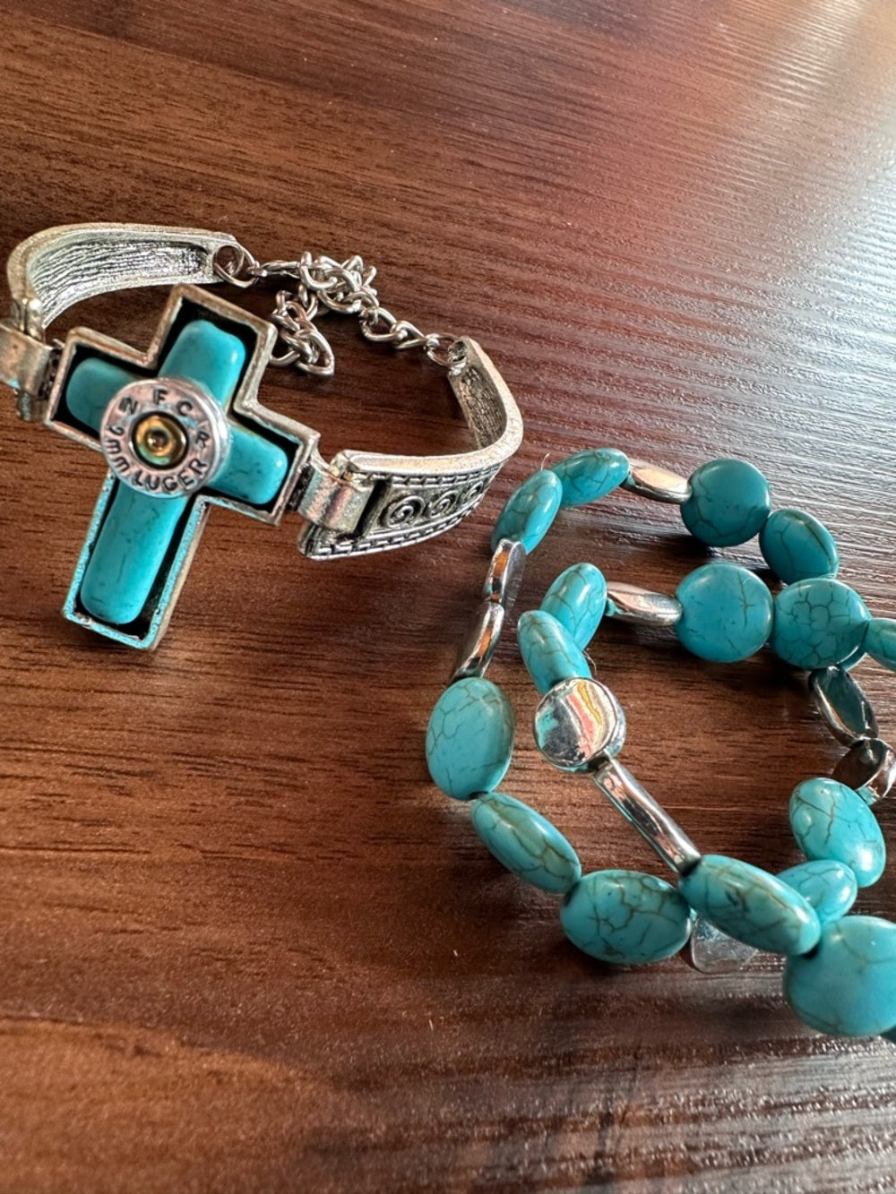 Handmade Cross 9mm Casing End + Faux Turquoise Stone Bracelets