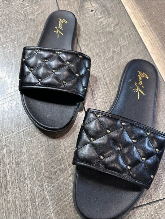 Mari A. Black Talisa Gold Studded Slip On Quilted Sandals