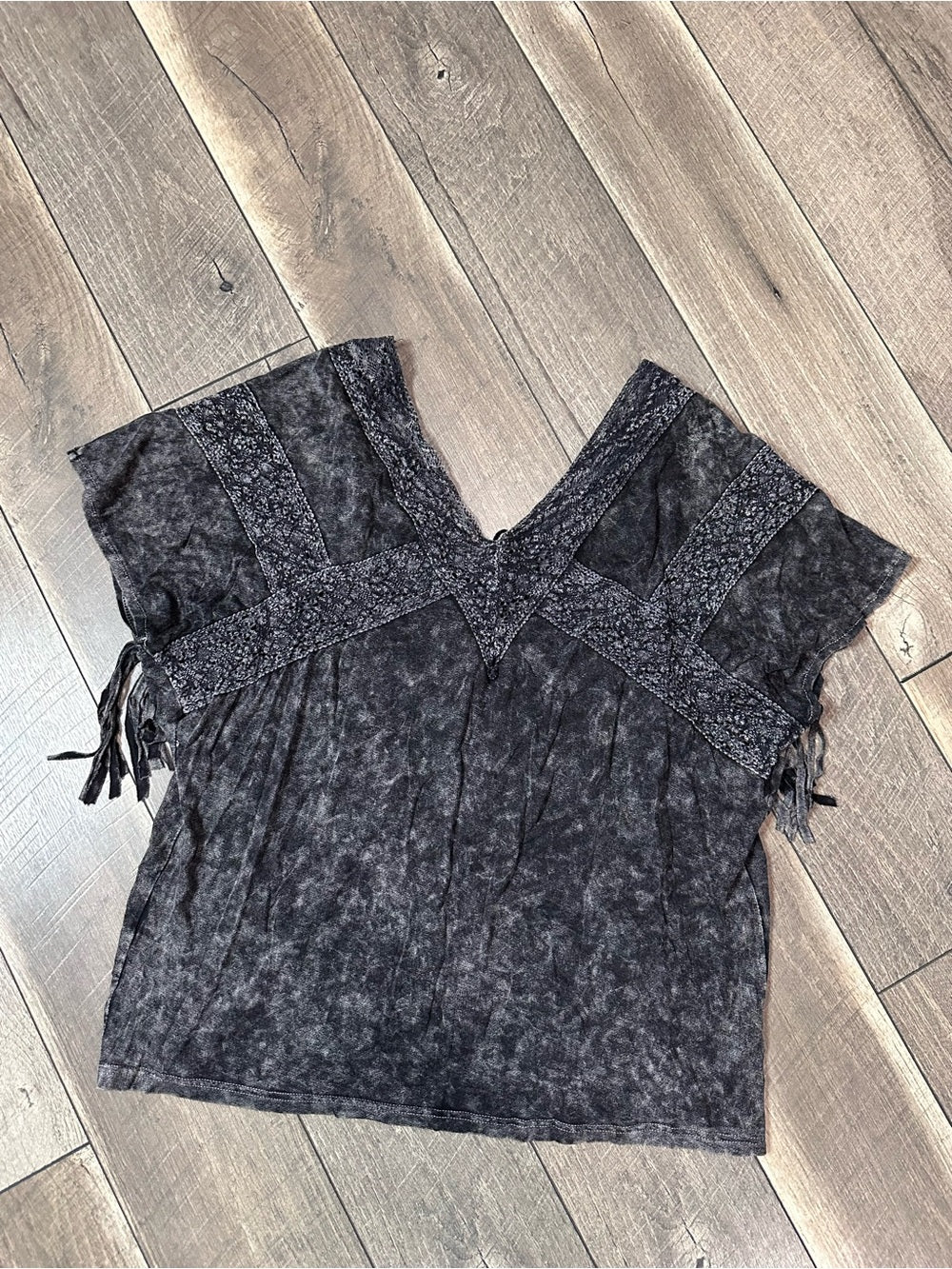 Sterling & Stitch Black Mineral Wash Fringe Top