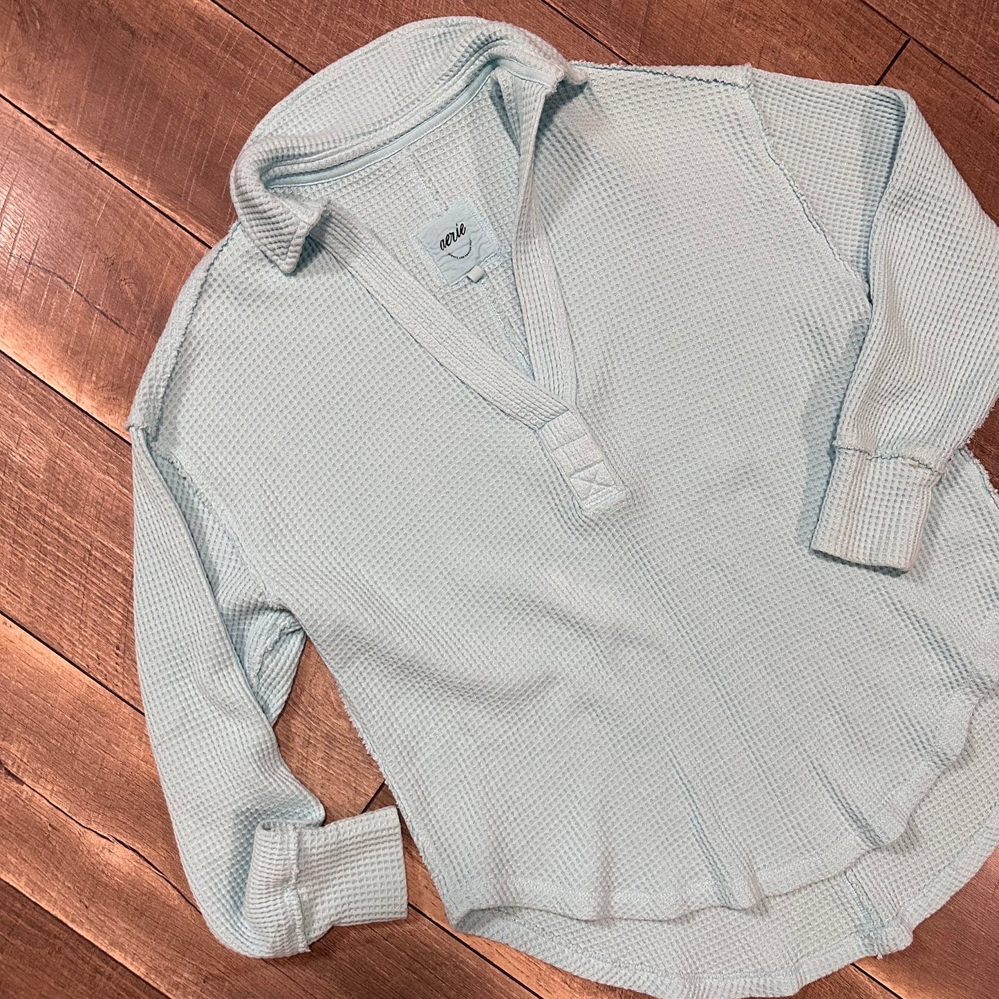 Aerie Baby Blue Waffleknit Collared V Neck Oversized Pullover