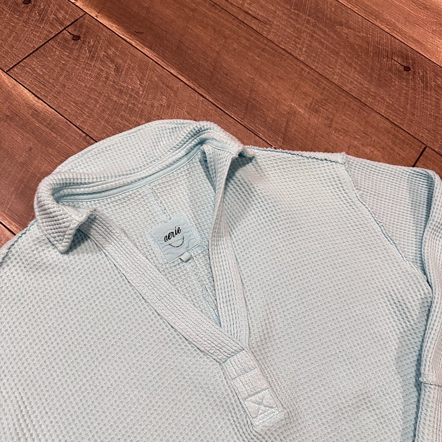 Aerie Baby Blue Waffleknit Collared V Neck Oversized Pullover