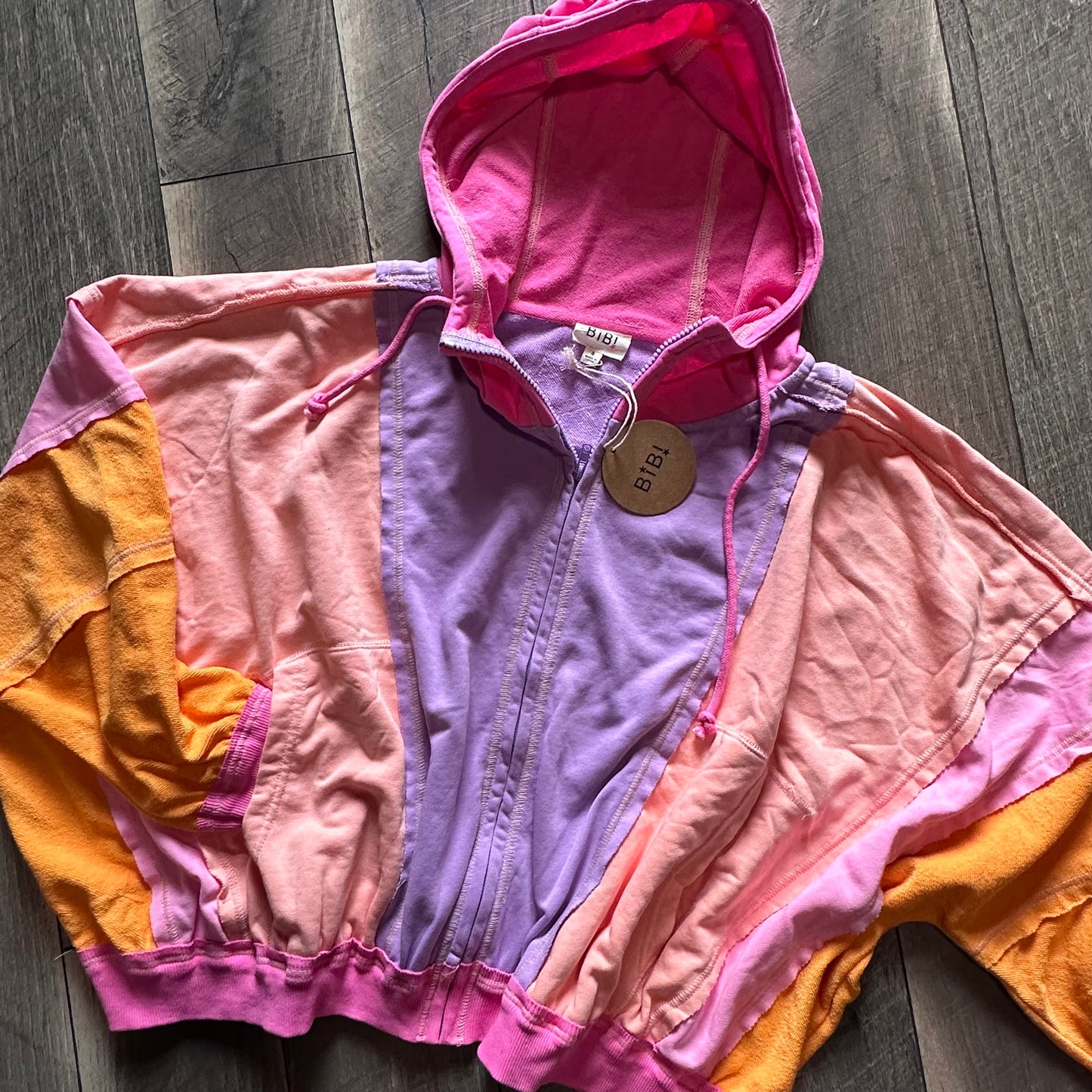 BiBi Super Oversized Colorblock Terry Zip Hooded Jacket (new with tags)