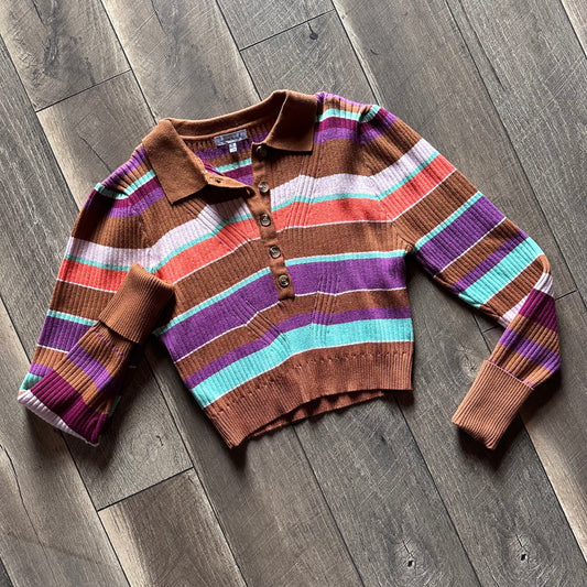 White Birch Collared 1/2 Button Striped Pullover Crop Sweater (new without tags)