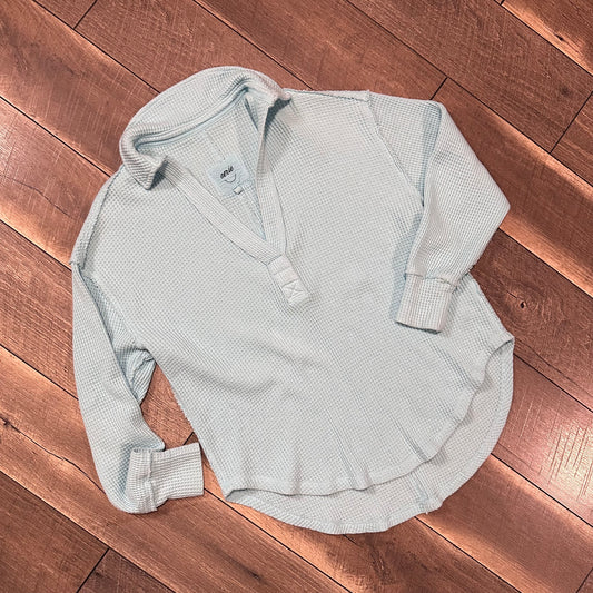 Aerie Baby Blue Waffleknit Collared V Neck Oversized Pullover