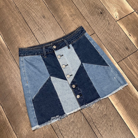 American Eagle Denim Patchwork Mini Skirt