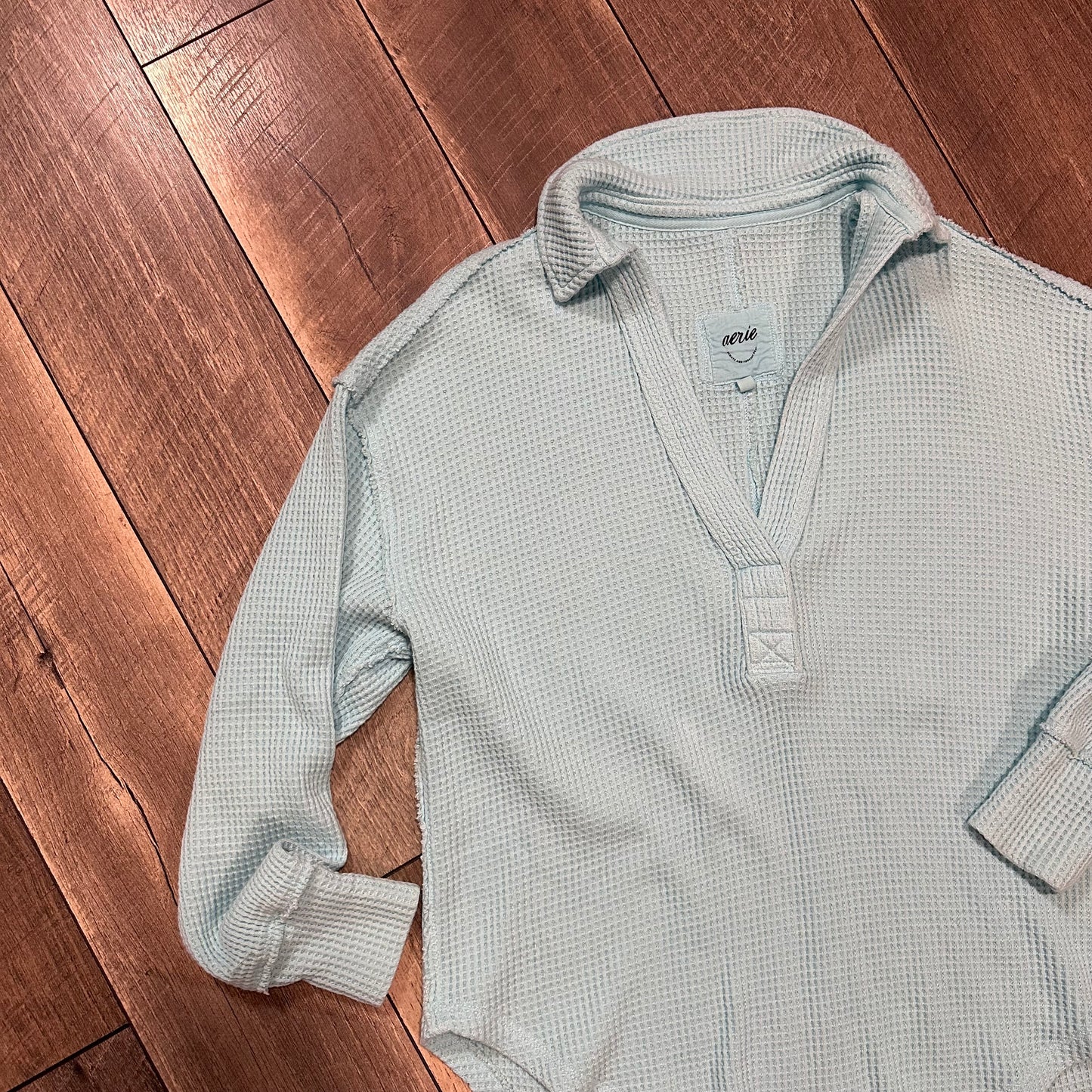 Aerie Baby Blue Waffleknit Collared V Neck Oversized Pullover