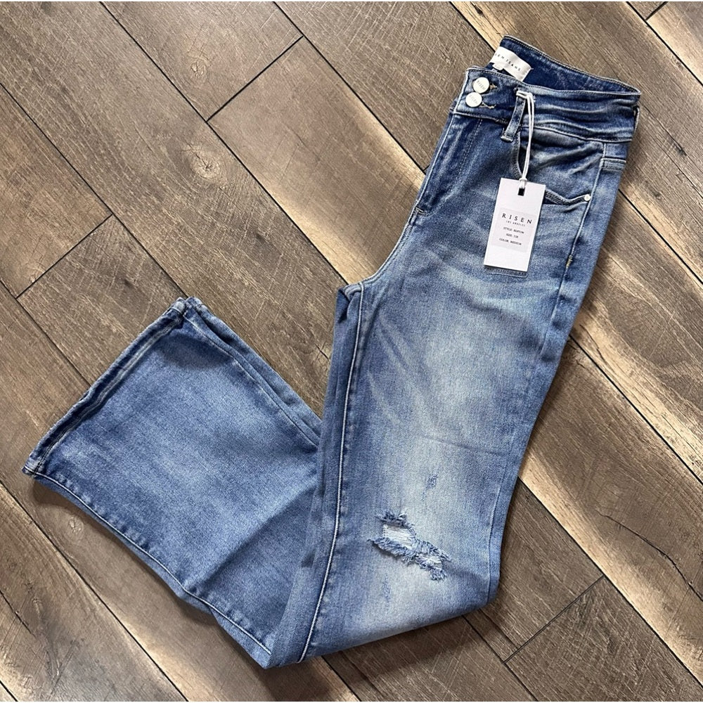 Risen Hi Rise Button Down Flare Jeans