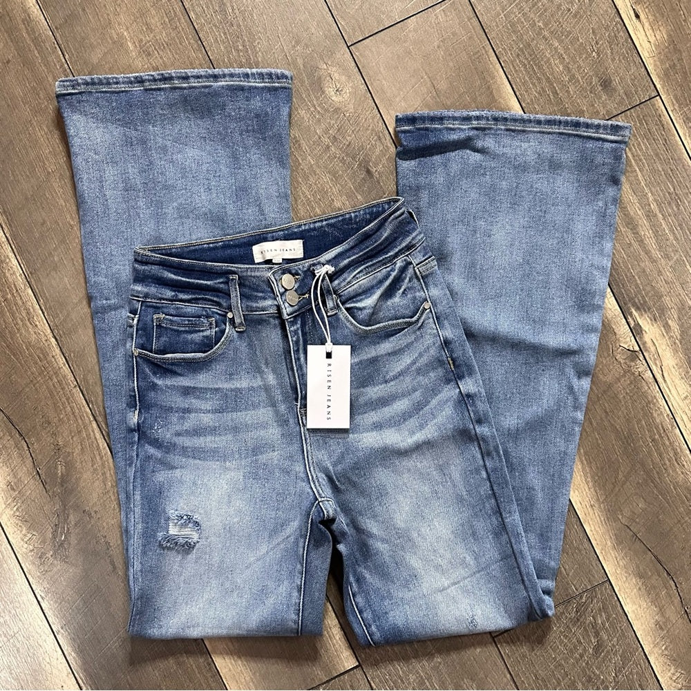 Risen Hi Rise Button Down Flare Jeans