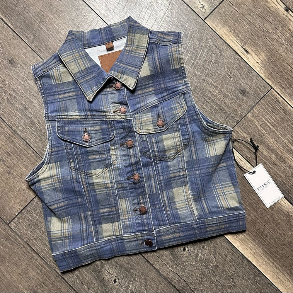 Judy Blue Plaid Sleeveless Denim Vest