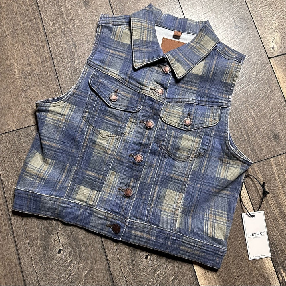 Judy Blue Plaid Sleeveless Denim Vest