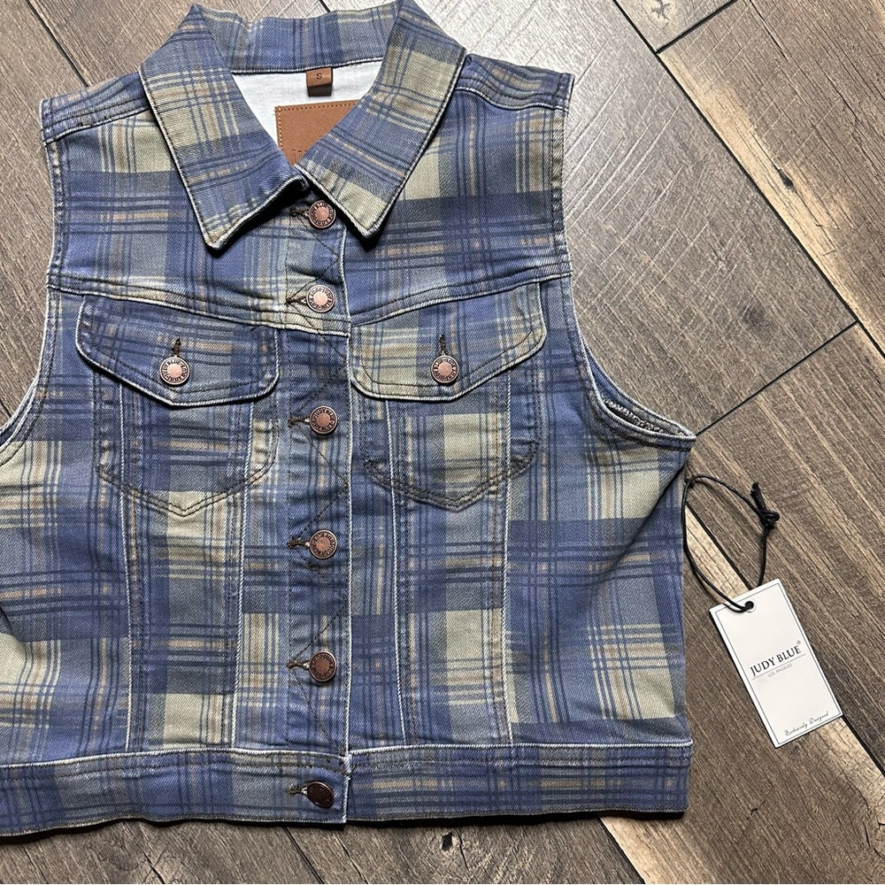 Judy Blue Plaid Sleeveless Denim Vest