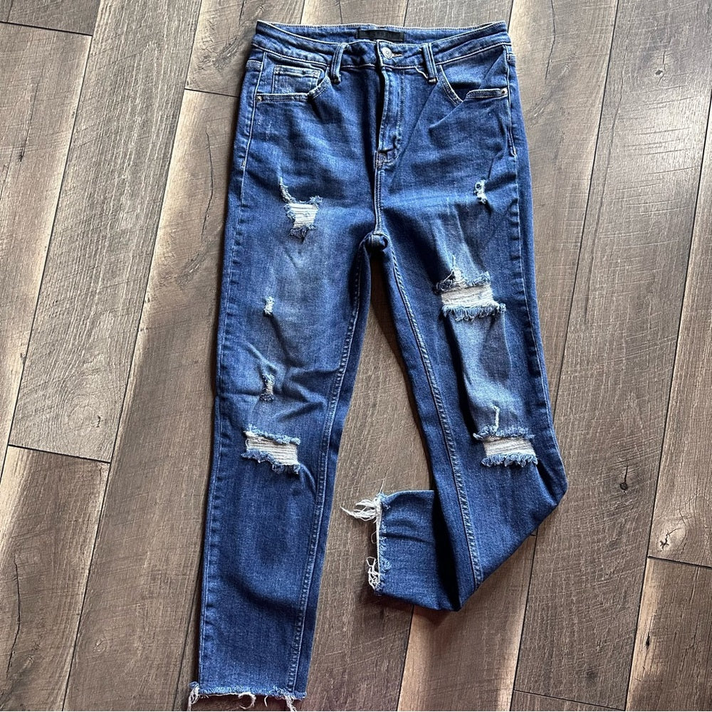 Risen Hi Rise Distressed Relaxed Skinny Jeans
