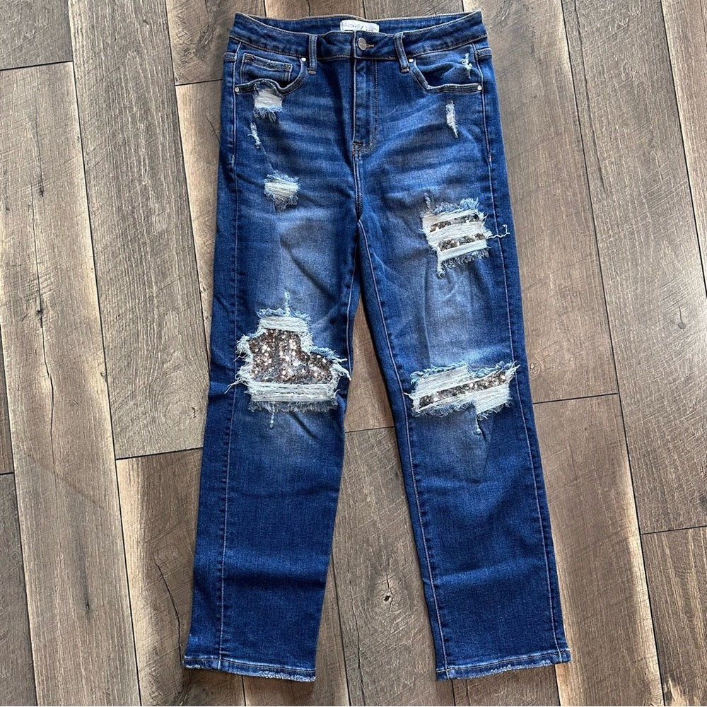 Risen Mid Rise Sequin Distressed Tapered Jeans