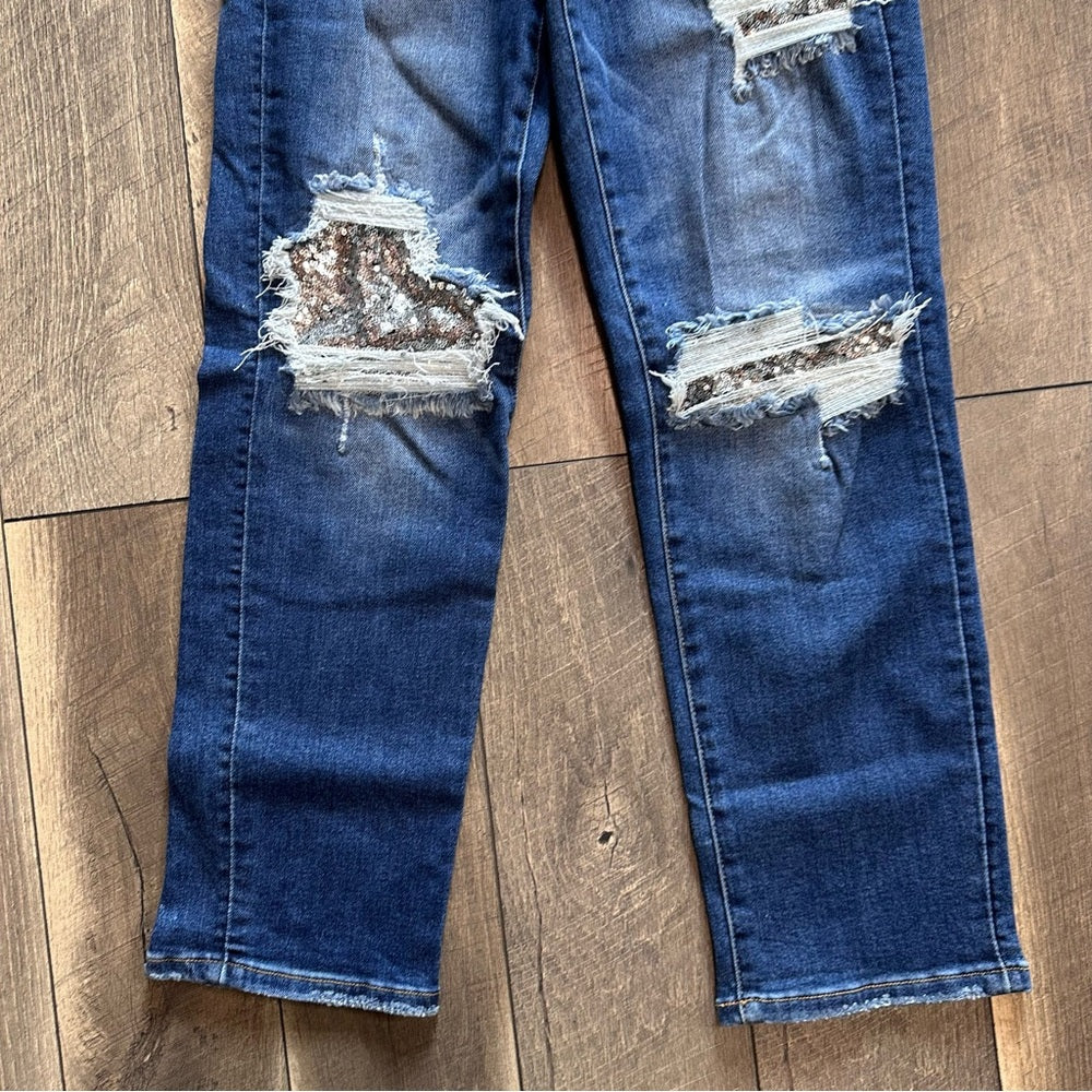 Risen Mid Rise Sequin Distressed Tapered Jeans