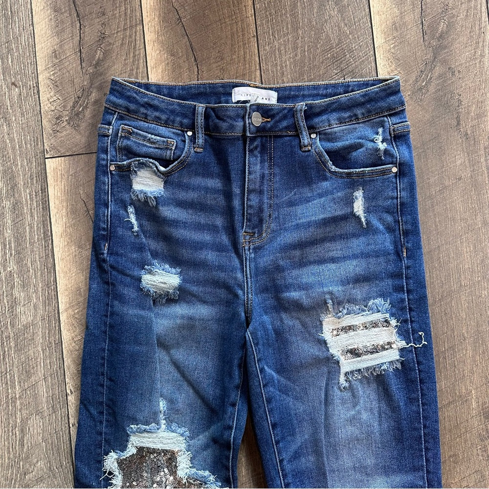 Risen Mid Rise Sequin Distressed Tapered Jeans