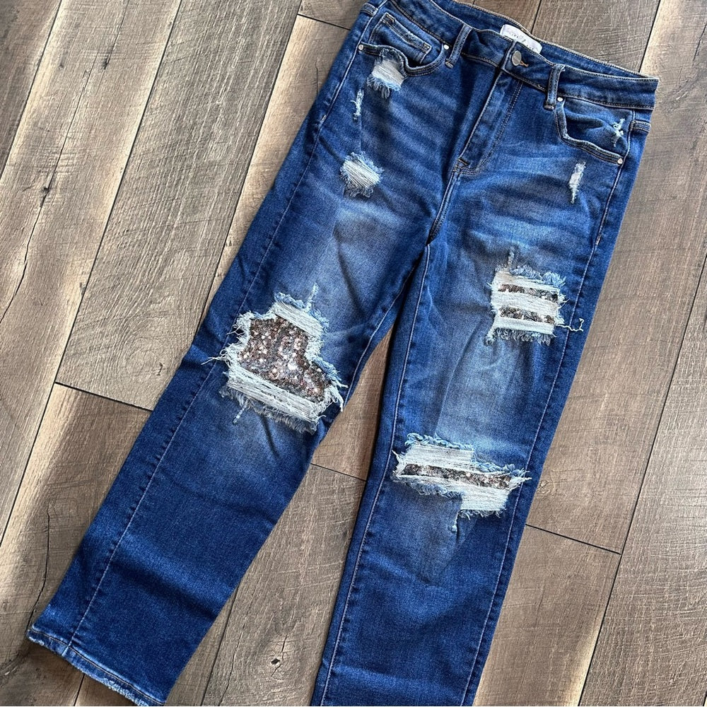 Risen Mid Rise Sequin Distressed Tapered Jeans