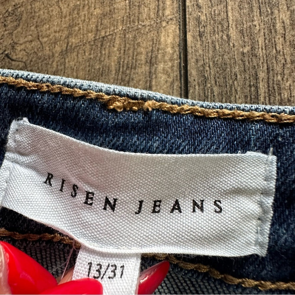 Risen Mid Rise Sequin Distressed Tapered Jeans