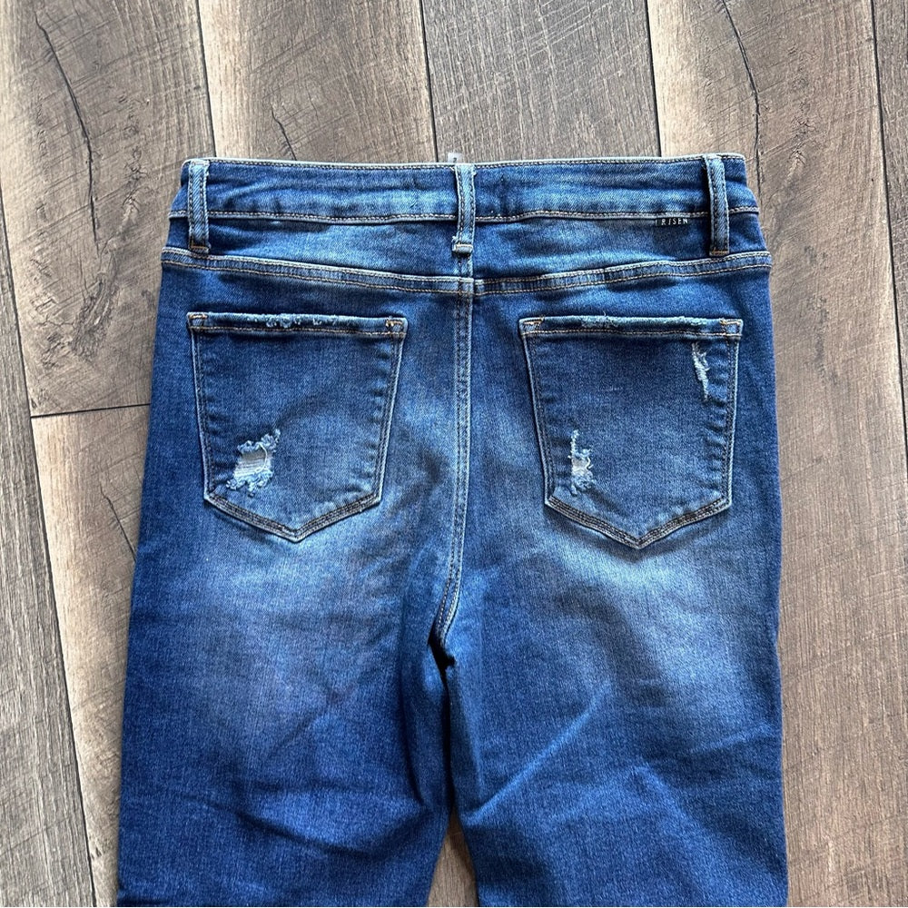 Risen Mid Rise Sequin Distressed Tapered Jeans