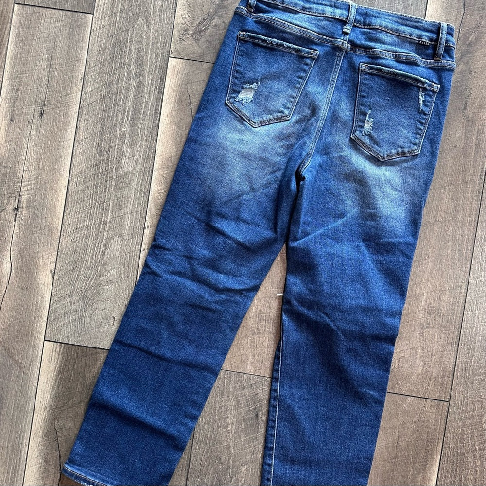 Risen Mid Rise Sequin Distressed Tapered Jeans