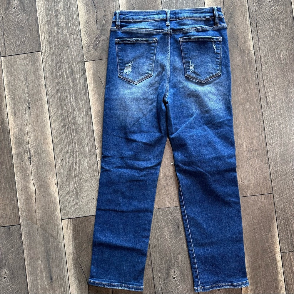 Risen Mid Rise Sequin Distressed Tapered Jeans