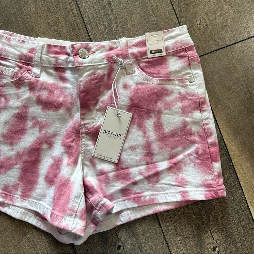 Judy Blue Mid Rise Pink Tie Dye Denim Shorts
