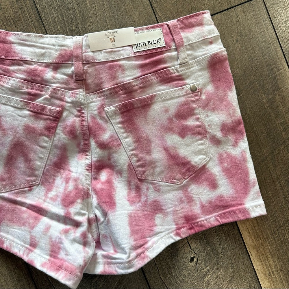 Judy Blue Mid Rise Pink Tie Dye Denim Shorts