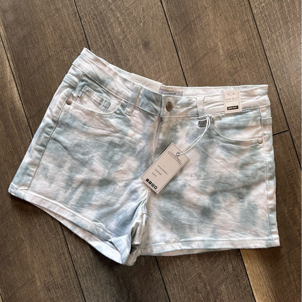 Judy Blue Mid Rise Blue Tie Dye Denim Shorts