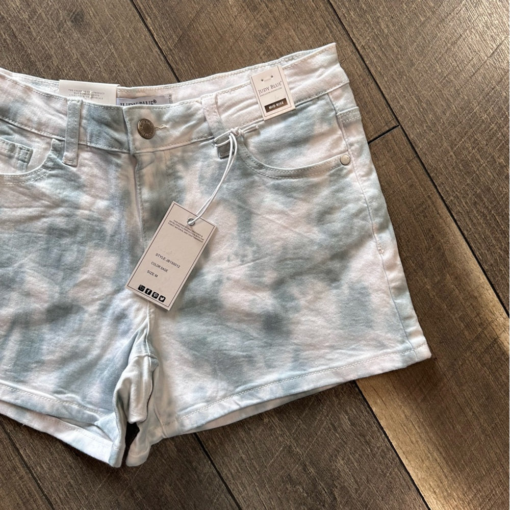 Judy Blue Mid Rise Blue Tie Dye Denim Shorts