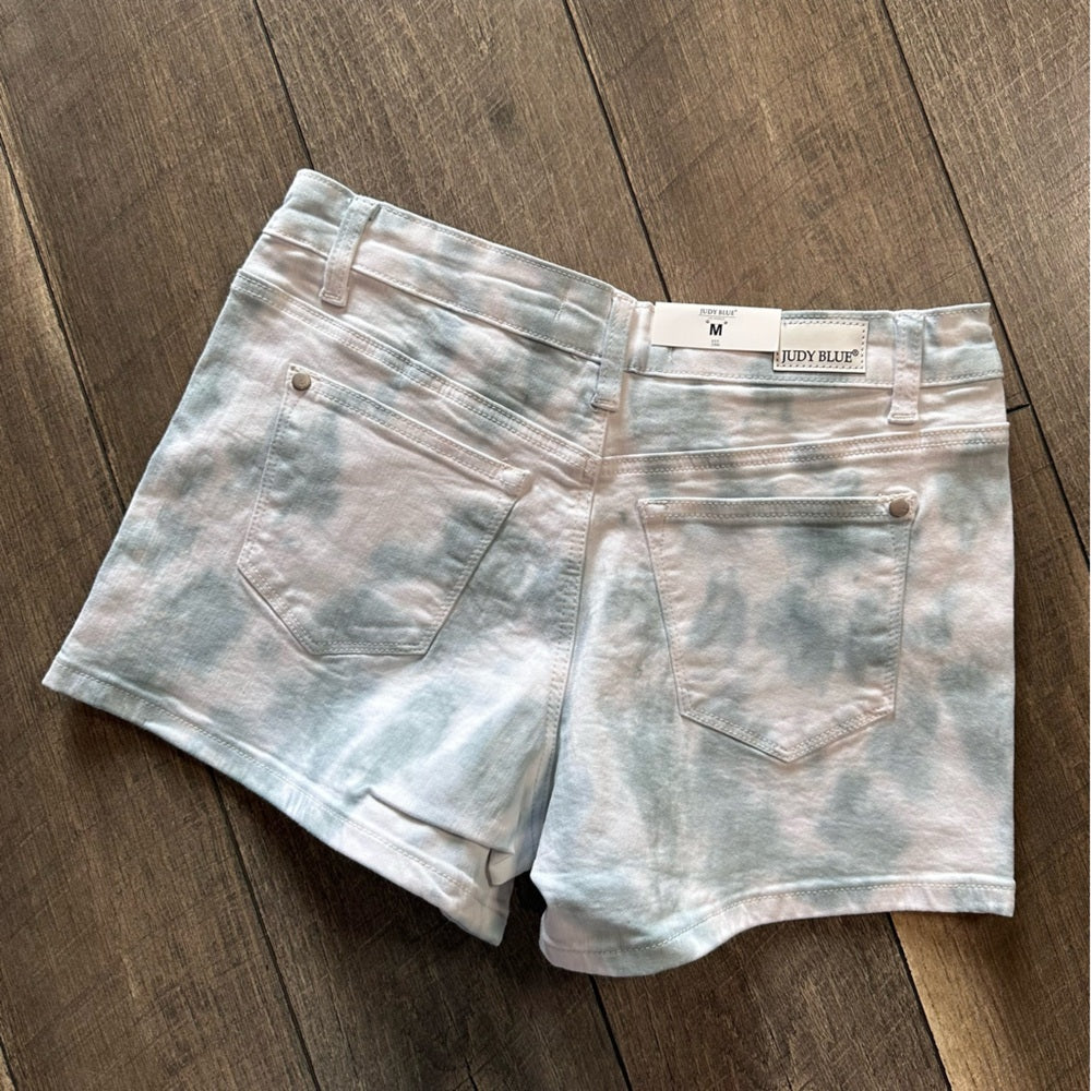 Judy Blue Mid Rise Blue Tie Dye Denim Shorts