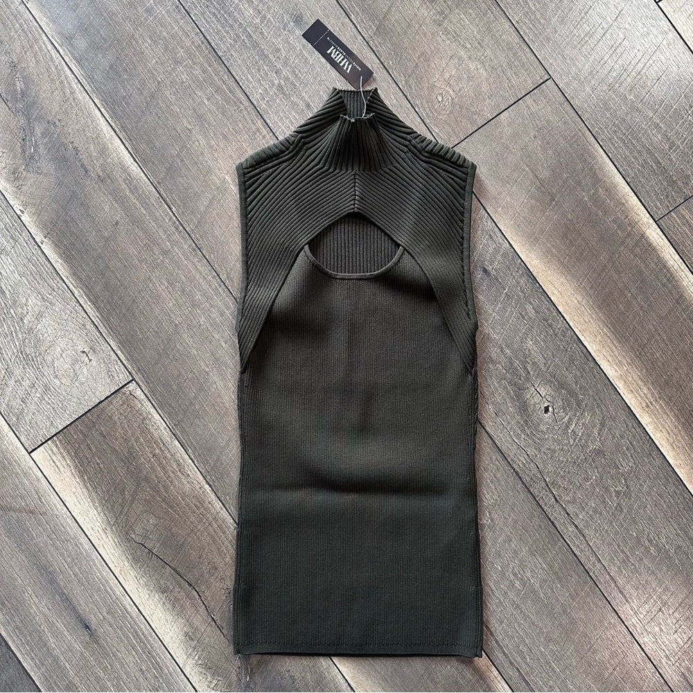 White House Black Market Olive Ribbed Keyhole High Neck Tank Top