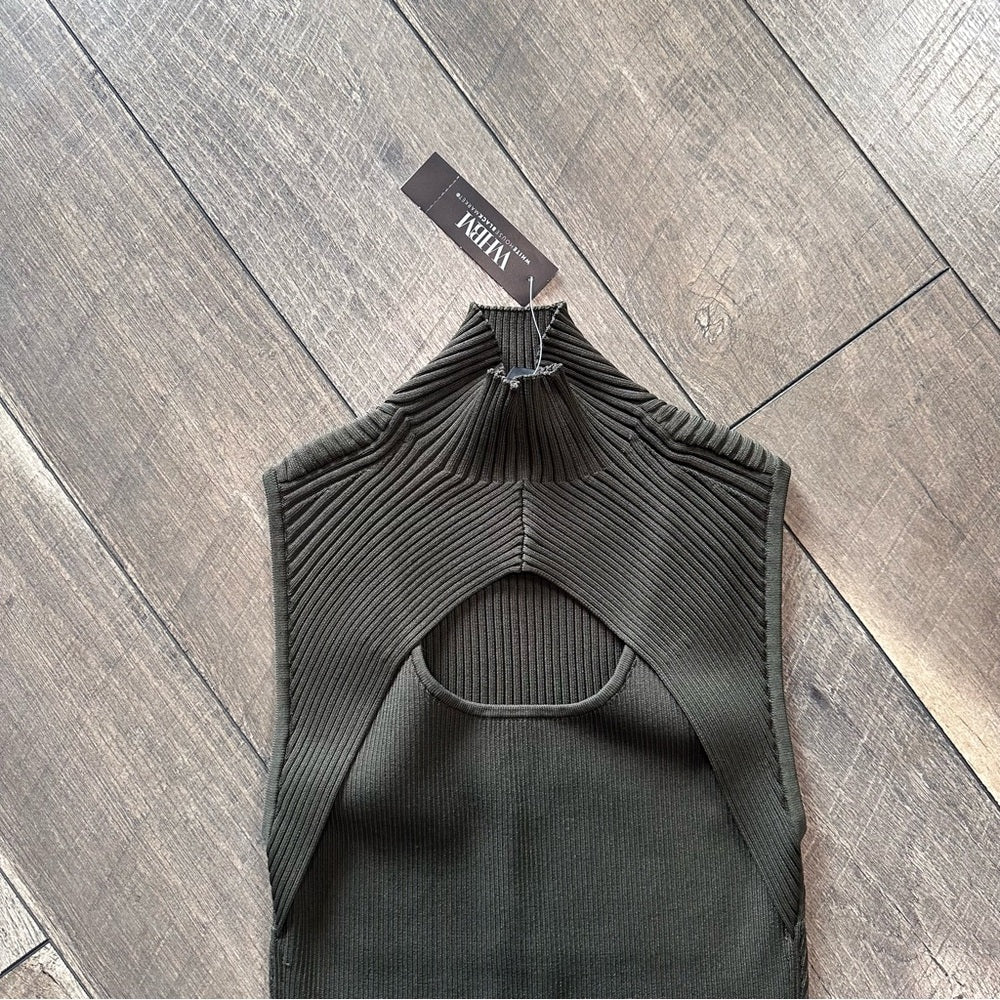 White House Black Market Olive Ribbed Keyhole High Neck Tank Top