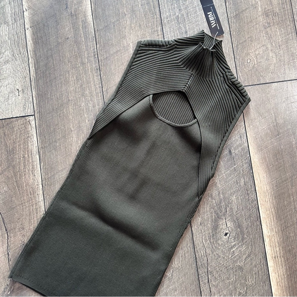 White House Black Market Olive Ribbed Keyhole High Neck Tank Top