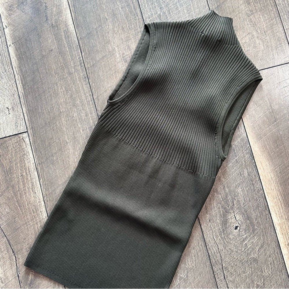 White House Black Market Olive Ribbed Keyhole High Neck Tank Top