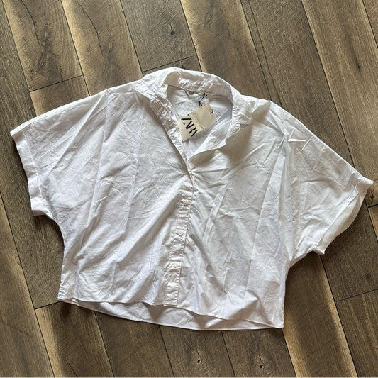 Zara White Oversized Crop Button Down T-Shirt