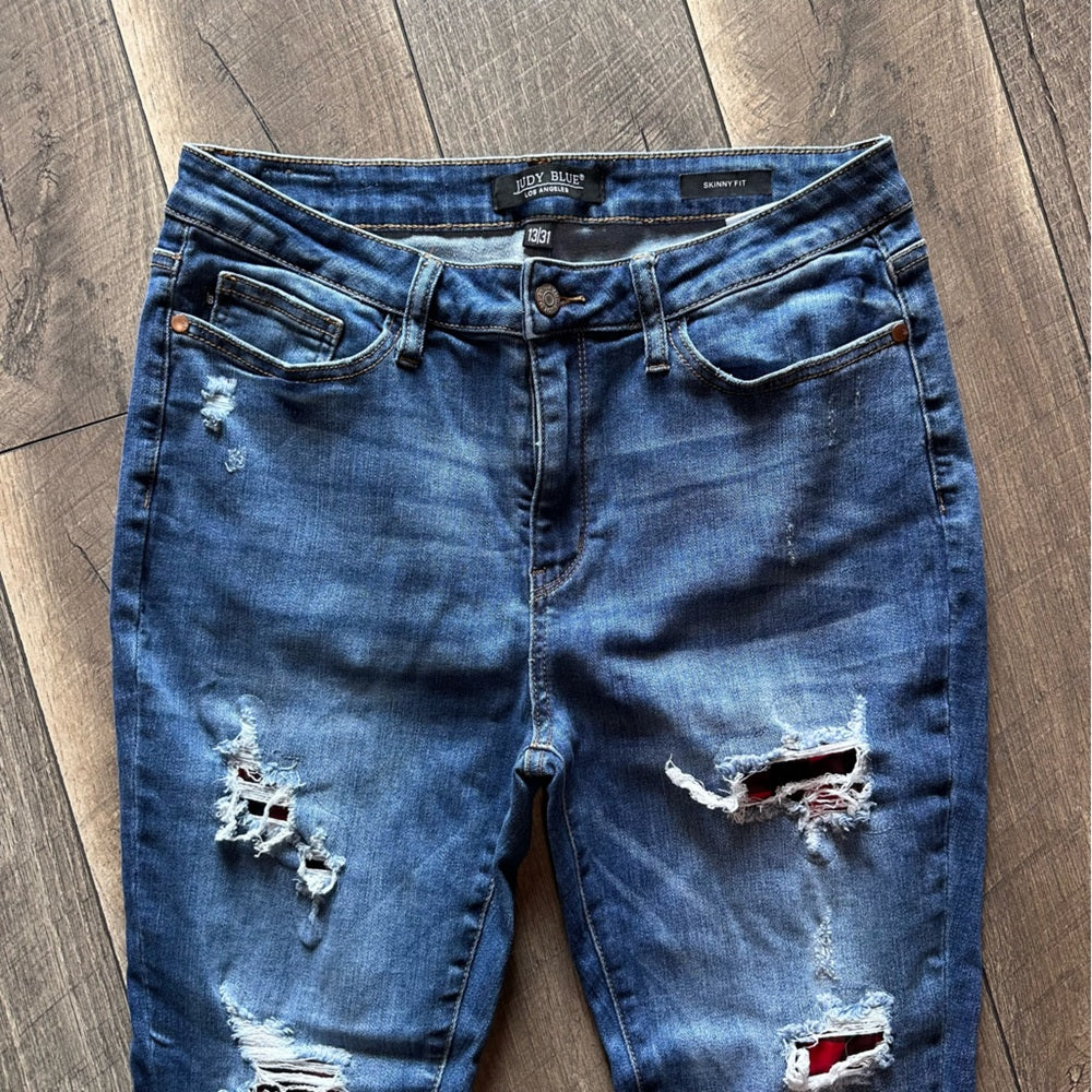 Judy Blue Plaid Distressed Skinny Jeans