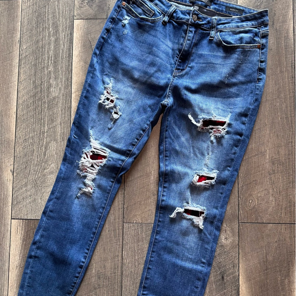 Judy Blue Plaid Distressed Skinny Jeans