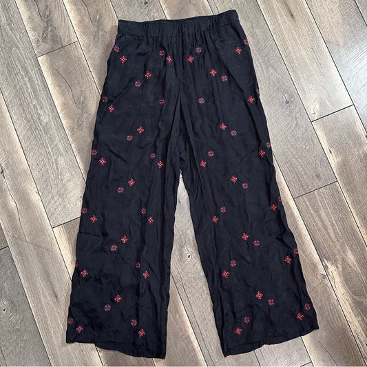 Johnny Was Maxine Embroidered Black Boho Wide Leg Pants