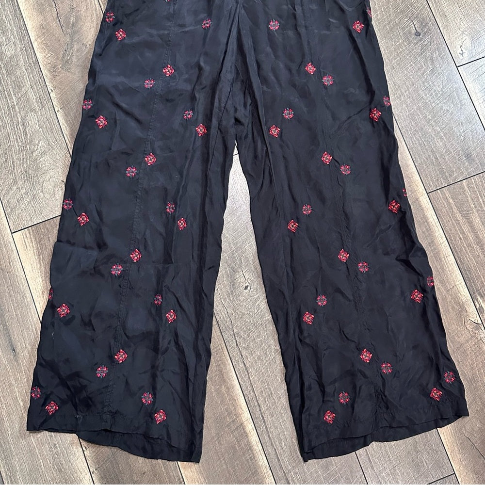 Johnny Was Maxine Embroidered Black Boho Wide Leg Pants