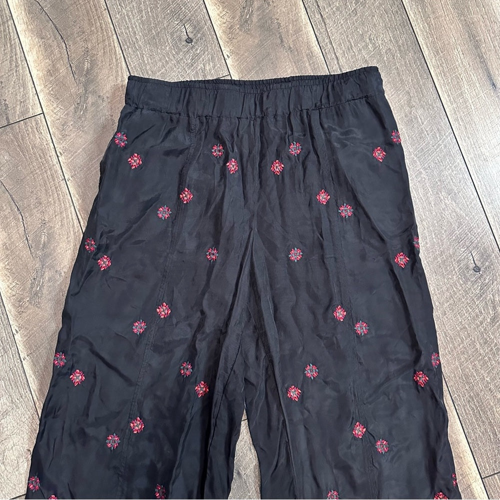 Johnny Was Maxine Embroidered Black Boho Wide Leg Pants
