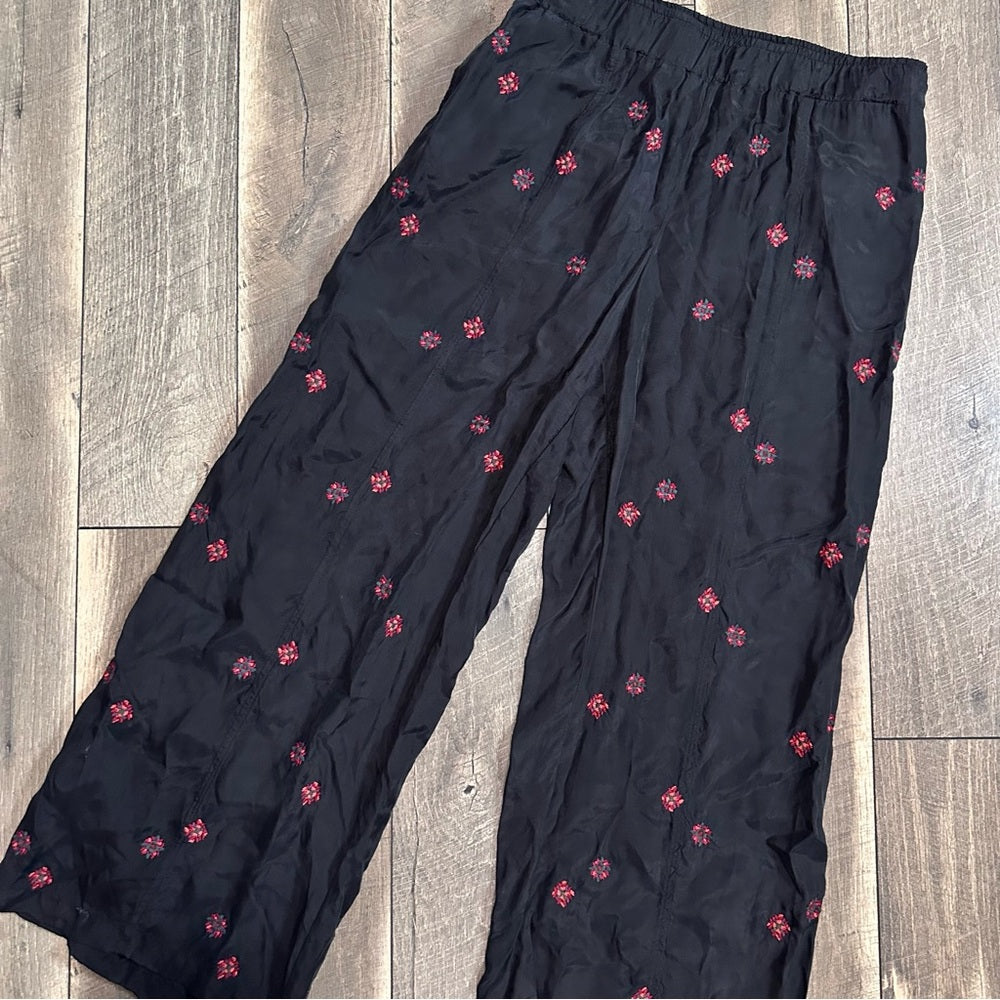 Johnny Was Maxine Embroidered Black Boho Wide Leg Pants