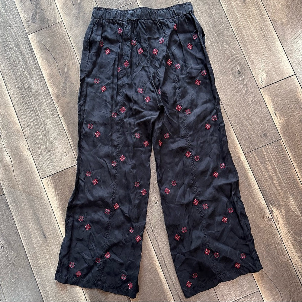 Johnny Was Maxine Embroidered Black Boho Wide Leg Pants