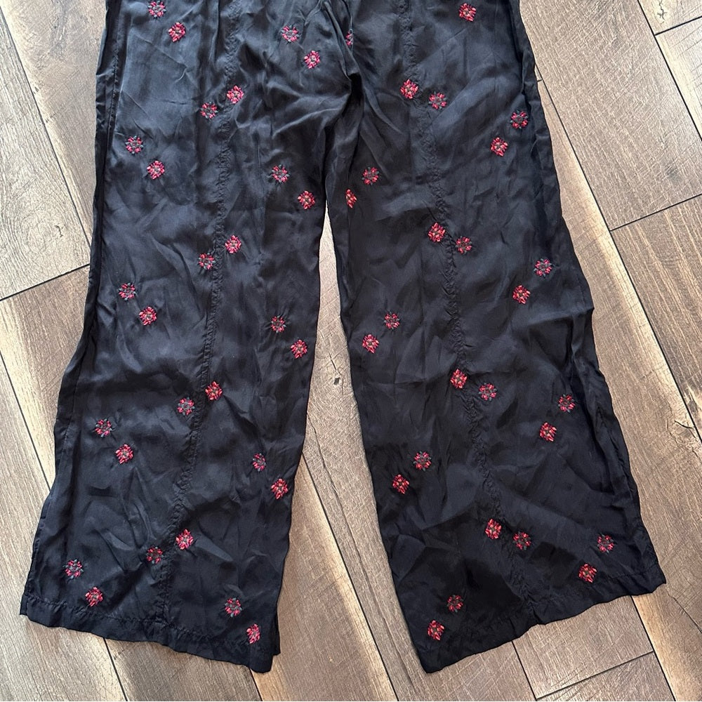 Johnny Was Maxine Embroidered Black Boho Wide Leg Pants