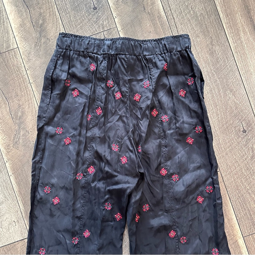 Johnny Was Maxine Embroidered Black Boho Wide Leg Pants