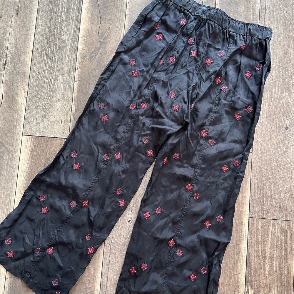Johnny Was Maxine Embroidered Black Boho Wide Leg Pants
