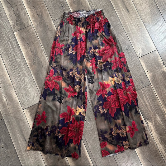 Johnny Was Claret Rachel Silk Blend Floral Wide Leg Pants
