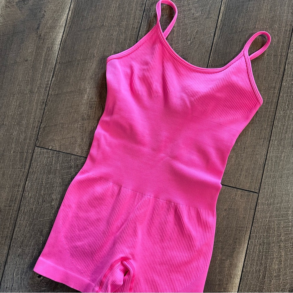 OQQ Hot Pink Ribbed Romper